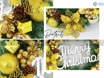 Vòng nguyệt quế Noel 4 hoa trạng nguyên kim tuyến ĐK45cm VNGQ-X-45